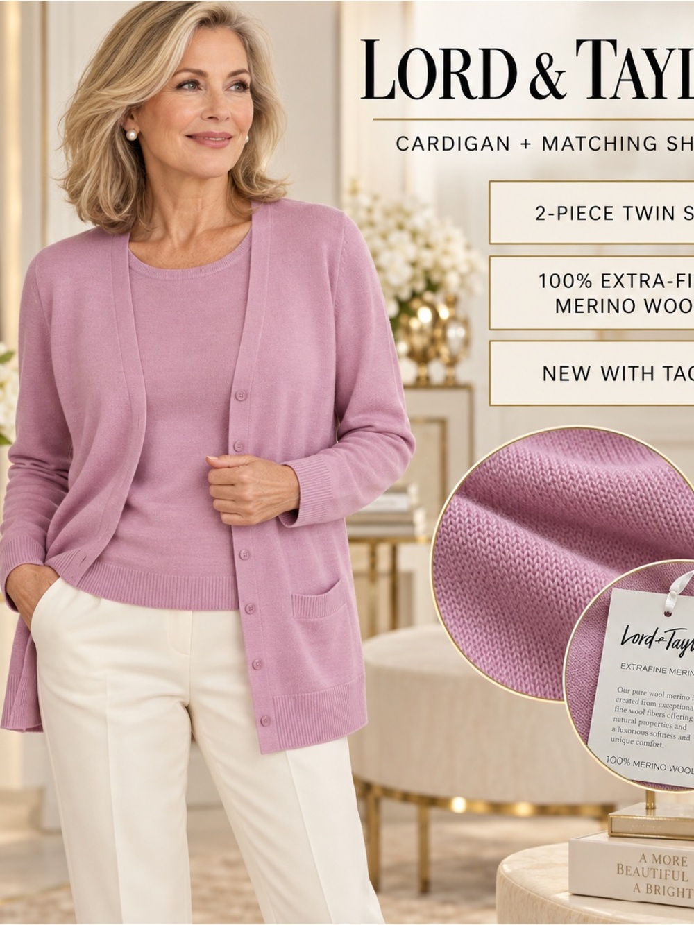Lord & Taylor Lavender-Pink Merino Wool Cardigan & matching sweater Twin Set